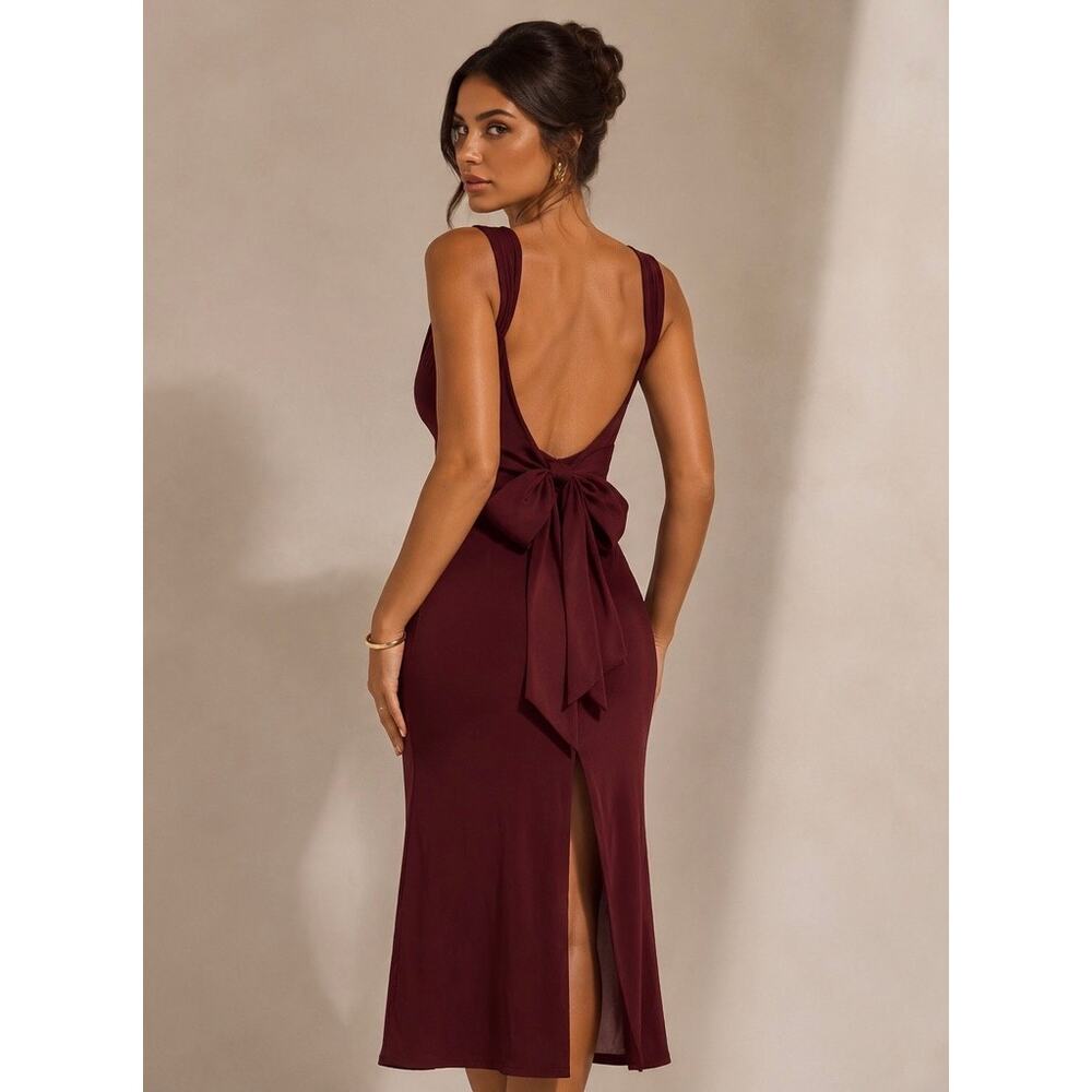 Oh Polly Burgundy Midi Dress with Bow Back